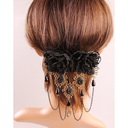 Vintage Gothic Black Lace Flower Headband Hair Clips For Women Stone Tassels Fashion Jewelry Acessories