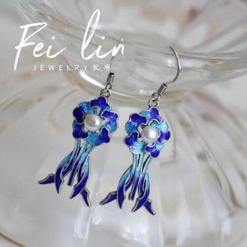 Vintage Earrings for Women S925 Silver Enamelled Original Retro Chinese Style National Style Palace Museum Flower Pearl New Earr