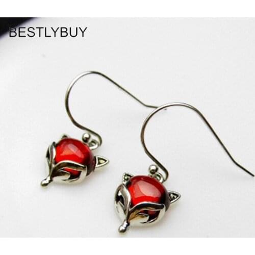 BESTLYBUY Drop Earrings Natural Stone Red Agates Clever Fox Cute Animal Design Wedding Gift Real Sterling Silver 925 Jewelr