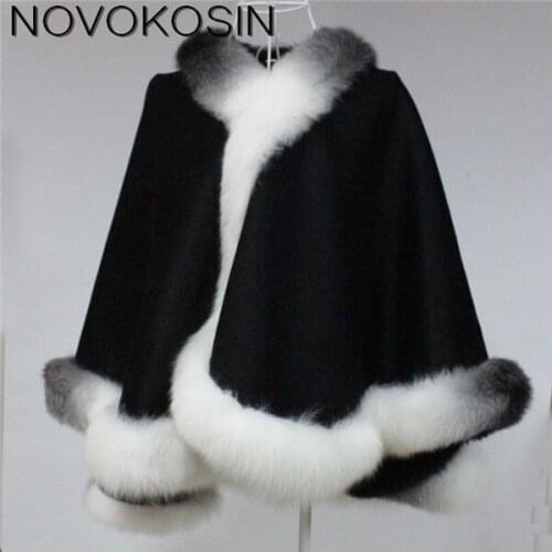 SC01 2017 Winter Warm Luxury Fox Fur Poncho Cashmere Dyeing Shawl Women Real Fur Dip-dye European Black With White Cardigan Coat