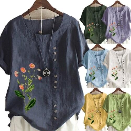Womens New Fashion Summer Floral Printed Round Neck Short Sleeve T-shirt Casual Loose Solid Color Blouse Tops Plus Size