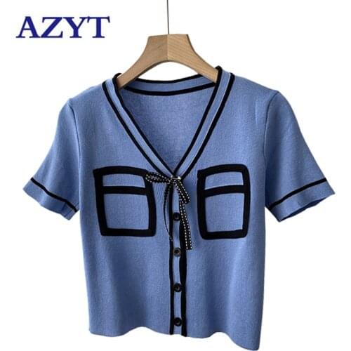 AZYT Summer Striped Panelled Knit T Shirt Women Bow Decoration V Neck Short Sleeve Tees Crop Tops Female Casual Cardigan Tees