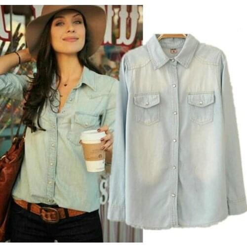 Women Denim Shirts Jeans Shirt with Pockets Causal Denim Blouse for Women tops female chemise femme