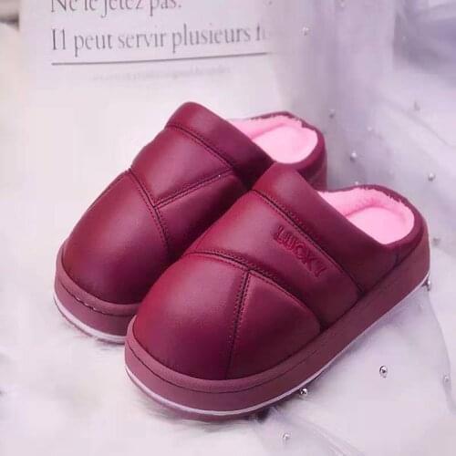 Womens Slippers 2021 Warm PU Leather Non-slip Winter Slippers Home Waterproof Concise Unisex Short Plush Slippers