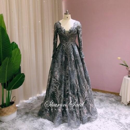 Elegant Long Sleeve Arabic Evening Dresses for Women Dubai V-Neck Luxury Crystal Muslim Wedding Guest Formal Party Gowns Stock