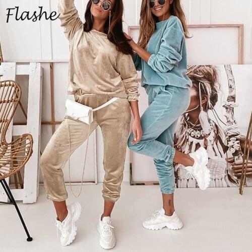 2021 Autumn Winter Tracksuit 2 Piece Set Women Golden Velvet Solid Tops Sweatshirt And Pocket Pants Suit Casual Tracksuit