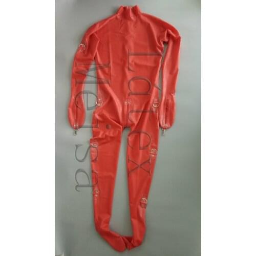 Womens Zentai latex catsuit attached back zip to abdomen and including D-ring buckles,gloves and socks in red color