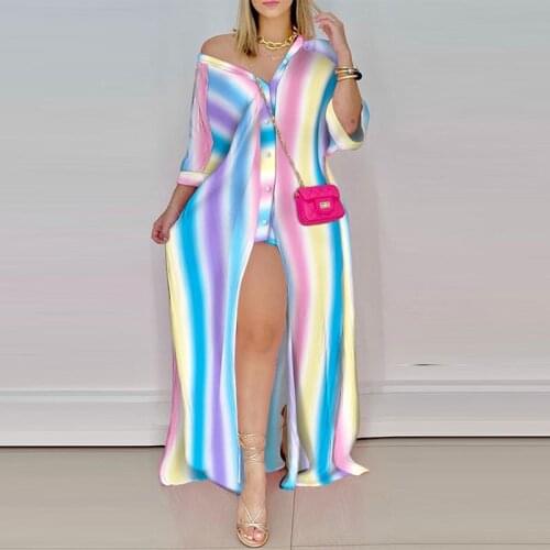 Elegant Print V Neck Long Shirt Dress 2021 Autumn Long Sleeve Loose Casual Maxi Dresses Women Button Sexy High Slit Party Dress