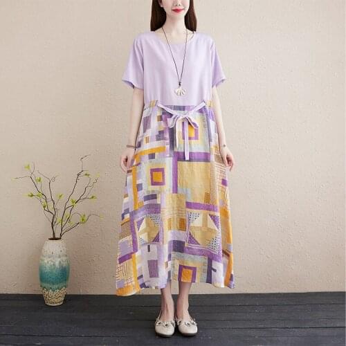 Koren Style Patchwork Draw String Fashion Women Dress 2021 New Arrival Loose Summer Dress Cotton Linen Women Casual Midi Dress