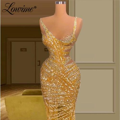 Lowime Robe De Soiree Heavy Beading Diamond Gold Evening Dresses 2021 Crystals Party Gowns For Women Dubai Luxury Prom Dresses
