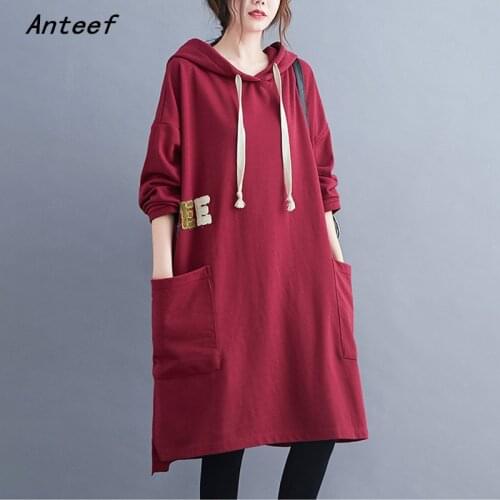 Long sleeve cotton vintage hooded dresses for women casual loose midi soring autumn winter dress elegant clothes 2021