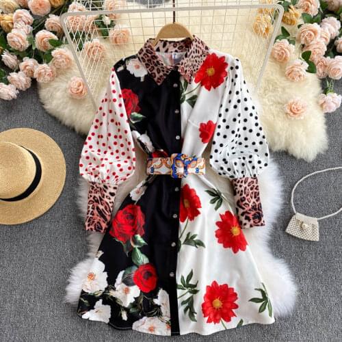 Europe Style 2021 Summer Elegant Women Long Sleeve Colorful Floral Print Dress With Belt Fashion Ladies Vintage Dresses