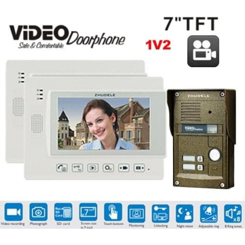 ZHUDELE 7" Video Door Phone Doorbell Intercom Kit IR Night HD Camera with SD card Picture Record ID Card Unlock for 2-apartments