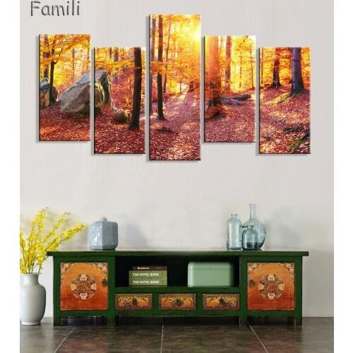 Unframed 5Panel Canvas Painting Autumn Fall Love Tree Golden Filling HD Modular Pictures Modern Wall Pictures For Living Room