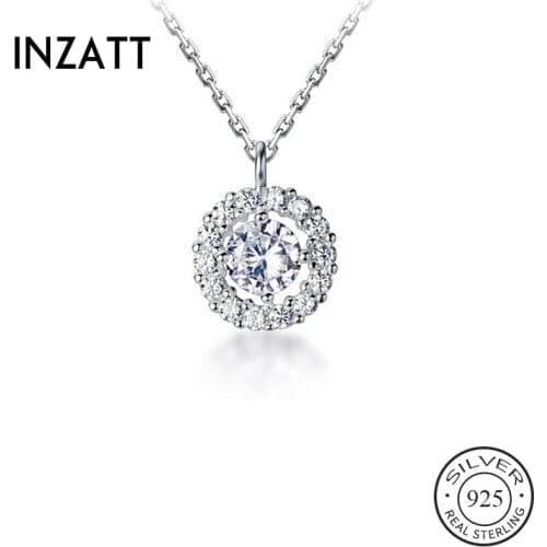 INZATT Real 925 Sterling Silver Zircon Round Pendant Choker Necklace For Fashion Women Party Fine Jewelry Bohemian Accessories