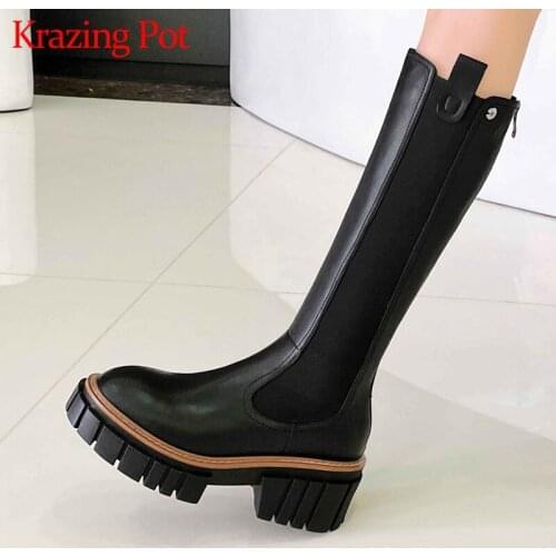 Krazing Pot large size winter new boots genuine leather mixed colors platform round toe thick high heel zip knee high boots L10