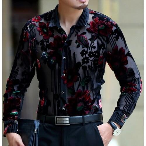 Lace Luxury Men Shirt Club Party Prom Sexy Transparent Male Shirt Frolal Print Wedding Marriage Chemise Homme 5xl Lace Shirt