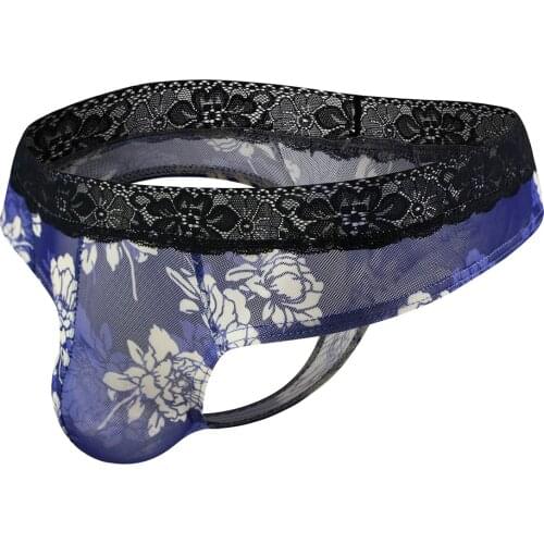 Floral Printed Lace Underwear for Men Breathable Mesh Net Thongs Transparent Sexy Gay G-string Underpants