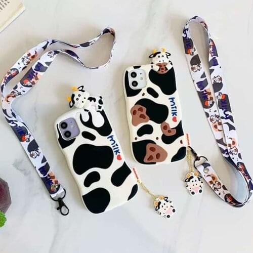 3D Cute Cartoon Milk Cow Case for iPhone 11 Pro Max XR X XS Max 7 8 Cookie Cattle Soft Silicone Lanyard Rope Cover with Pendant