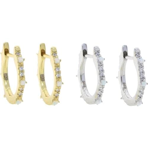 Minimal Delicate Dainty Gold Plated Vermeil Jewelry Wholesale Paved Clear Cz White Fire Opal Huggie Hoops Simple Girl Earring