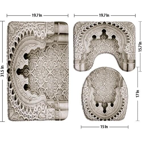 Moroccan Ancient Door 3 Pc Bathroom Rug Set Bath Mats Non Slip Vintage Building Design Bath Decor Toilet Cover Lid U-Shaped Pad