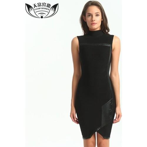 NEW 2017 Women Newest Sexy Bandage Dress Turtleneck Black Irregular Evening Party Bodycon Dresses Leather Patchwork Dress