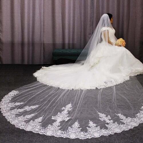 New Long Wedding Veil High Quality Neat Lace 4 M One Layer Bridal Veil with Comb Welon Wedding Accessories
