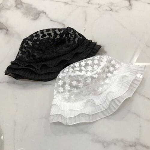 Japanese Lolita Embroidery Floral Lace Bucket Hat Women Summer Layered Ruffles Brim Packable Sunscreen Fisherman Cap