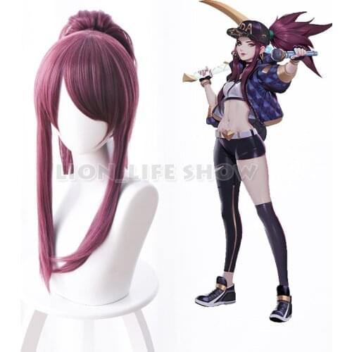 LOL KDA Akali The Rogue Assassin Cosplay Wig Dark Red Hair Ponytail Straight Wig