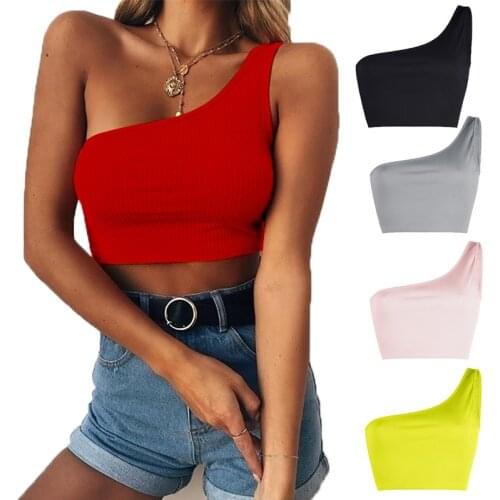 Women Lady Female One Shoulder Crop Tops Sleeveless T-Shirt Tank Tops Summer Beach Vest Bare Summer Sexy Fashion Clothes