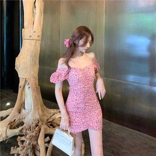 Chiffon Dress Womens Floral Short-sleeved Skirt 2021 Spring and Summer New Temperament Pink Short Skirt