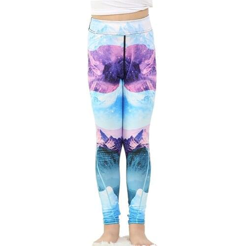 Love Spark Shool Girls Yoga Running Sports Pants Blue Purple Mountain Print Slim Sexy Leggings Workout For Kids