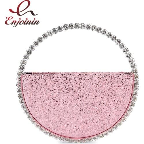 Round Shaped Evening Diamond Clutch Bags for Women Designer Chic Metal Handle Shiny Sequins Purse Female Wedding Handbags
