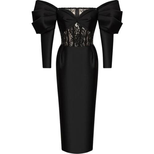 New Lace Women Long Dress Sexy Puff Sleeve Black White Elegant Party Club Celebrity Nice Summer Autumn Dresses Clothing