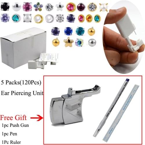 120Pcs Mixed Desgin Disposable Sterile NO PAIN Body Piercing Tool Kit for Ear Nose Lip Safety With 1Push Gun for Gift