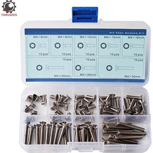 80pcs Stainless Steel M4 Flat Head Torx Screws Assortment Set countersunk head torx screw flat six-lobe machine screws