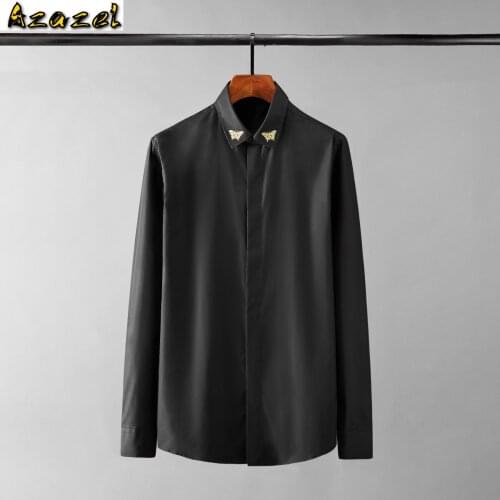 Azazel White Black Mens Shirts Luxury Gold Butterfly Embroidery Long Sleeve Mens Dress Shirts Fashion Slim Fit Party Male Shirts