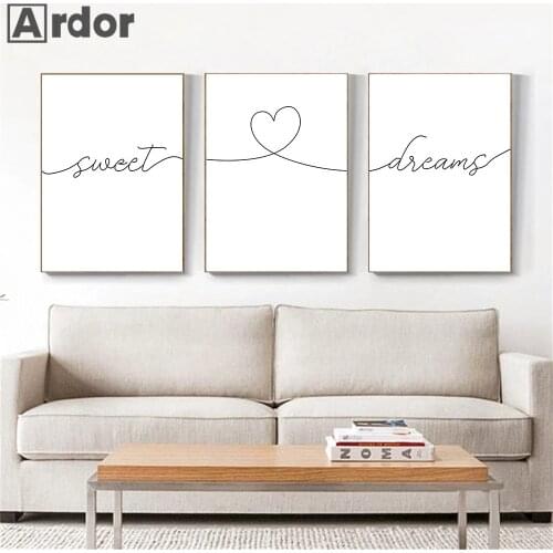 Black And White Sweet Dreams Quotes Print Nursery Wall Art Canvas Poster Line Heart Minimalist Painting Wall Pictures Home Decor