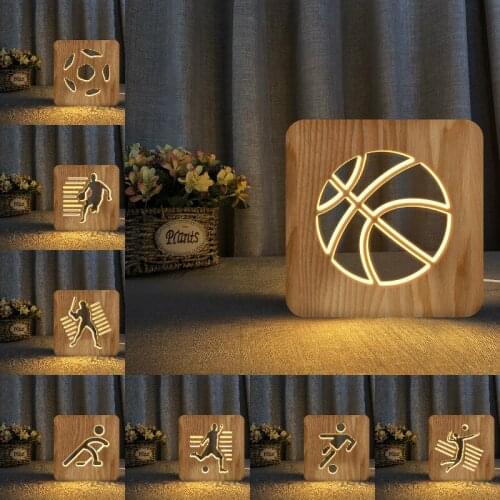 Wooden 3D LED Night Light USB Power Football Basketball Ice Hockey Table Lamp Desk Lights For Children Gifts Home Decortion