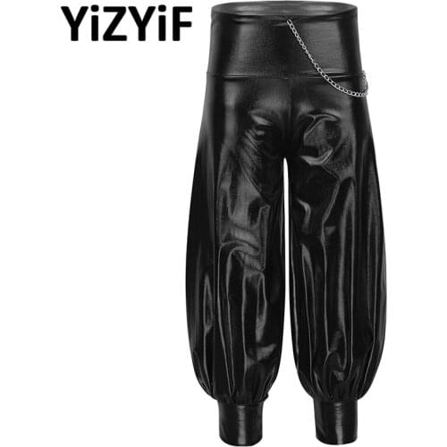 Kids Girls Teens Dance clothing Shiny Metallic Dance Pants Elastic High Waist with Chain Loose Harem Hip Hop Trousers Streetwear