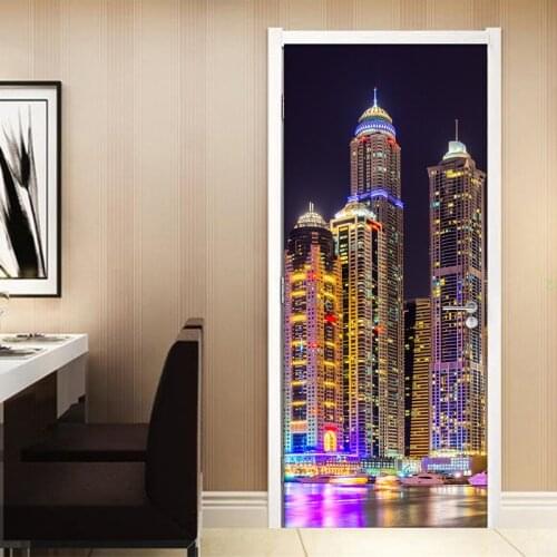 Door Mural Sticker PVC Vinyl Wallpaper 3D City Night View Modern Creative DIY Self-Adhesive Living Room Bedroom Door Stickers 3D