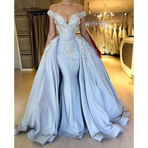 Elegant Muslim Evening Dresses Mermaid Off The Shoulder Beaded Dubai Saudi Arabic Long Evening Gown Prom