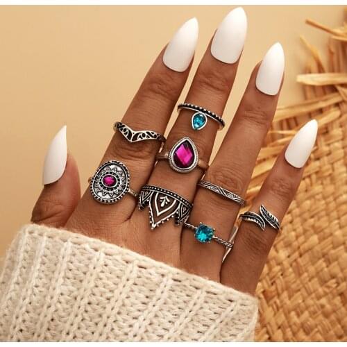 HuanTang 8pcs Vintage Blue Crystal Sun Knuckle Rings Set for Women Silver Color Leaf Crown Finger Ring Female Jewelry Anillos