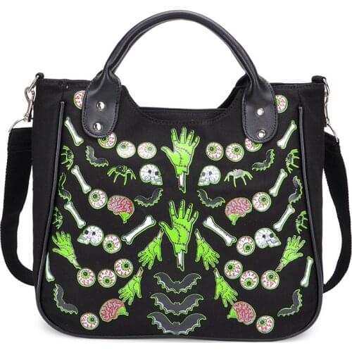 JIEROTYX Cartoon Gothic Bag Women Canvas Handbag Female Casual Floral Printing Casual Totes Women Punk Bags High Quality