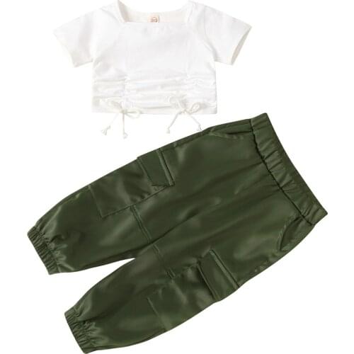 Citgeett Summer 1-5Years 2Pcs Toddlers Baby Girls Tracksuits Solid White Square Neck Short Sleeves Tops + Pants Suit Set