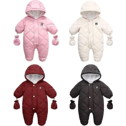 Baby Girls Boys Two-piece Thermal Clothes Set, Cartoon Bear Applique Pattern Hooded Long Sleeve Romper and Gloves