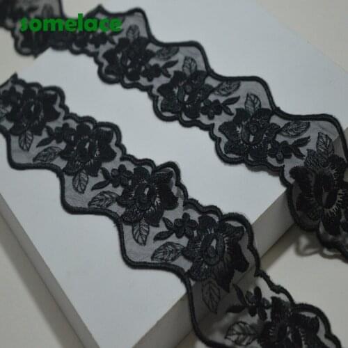 3Y Black Gauze Fluorescent Black Floral embroidery Lace Trim with Design for Wedding Bridal and Garment Decoration
