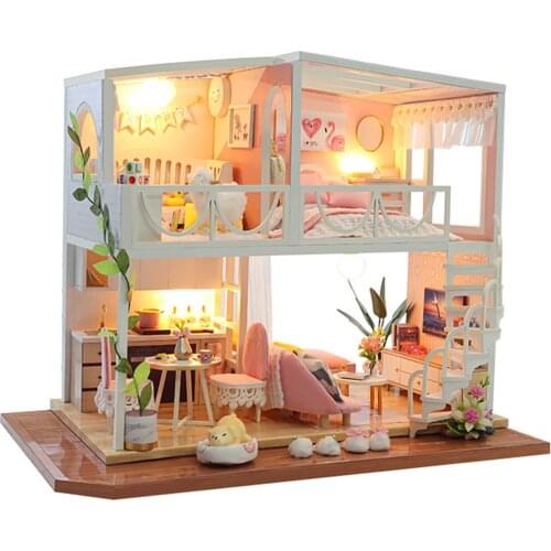 DIY Dollhouse Kit LED Light Wooden Craft Nordic Modern Romantic Cottage Toys