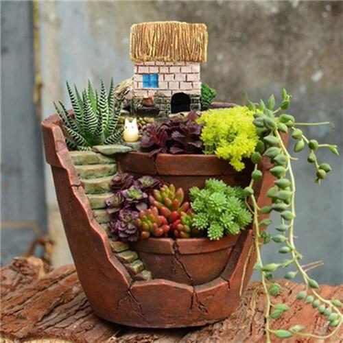 Resin Flowerpot Home Decor Micro Landscape Sky Garden House Succulent Plant Flower Bed Pot Box Planter Bonsai Case DIY Gift