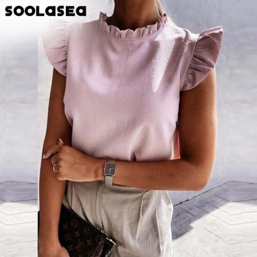 Soolasea Casual Elegant Solid Ruffled Women T-shirt O-neck Sleeveless Tank Tops Summer White Basic All-match Female T-shirt
